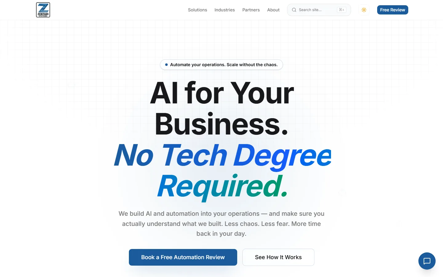 Zentari Systems public website home screen
